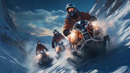 Fotobehang Group of people riding a snowmobile in the mountains © Bhanuka