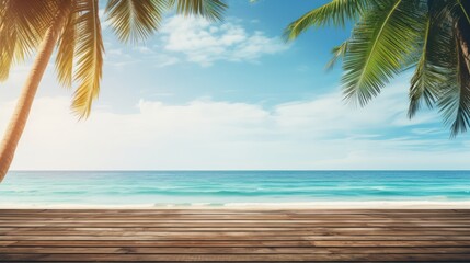 Seascape with waves, palm leaves, a blue sky with clouds, and an empty wooden floor.