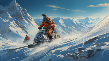 Group of people riding snowmobiles in the snow mountains - obrazy, fototapety, plakaty