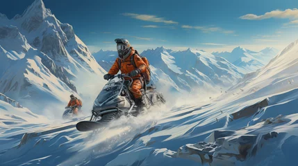 Fotobehang Group of people riding snowmobiles in the snow mountains © Bhanuka