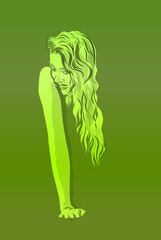  a beautiful long-haired woman in the dark on a green background