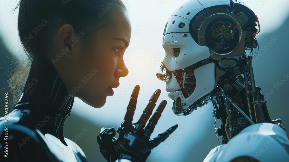 Poster side view of two female robots looking at each other while standing in a dark room