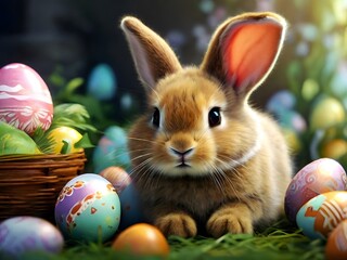 Fototapeta na wymiar Happy easter bunny sitting with many eggs on green grass landscape