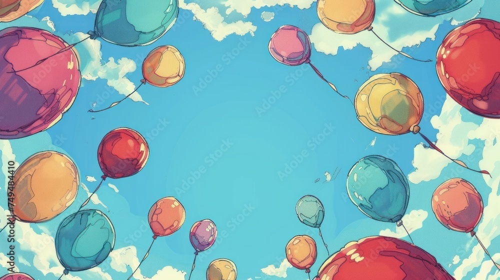 Poster a playful backdrop with hand-drawn colorful balloons floating against a sky filled with fluffy cloud