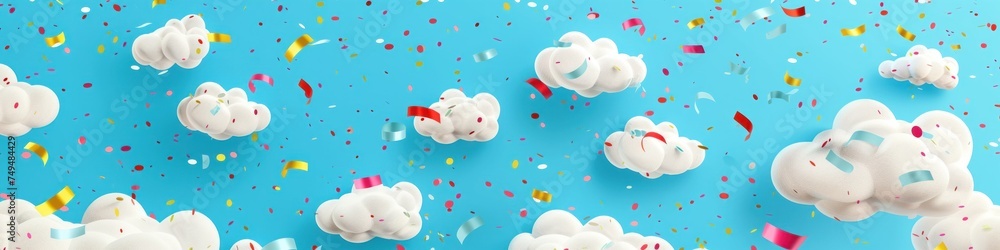 Poster a vibrant scene with cartoon clouds and a shower of confetti, creating a lively setting for an april