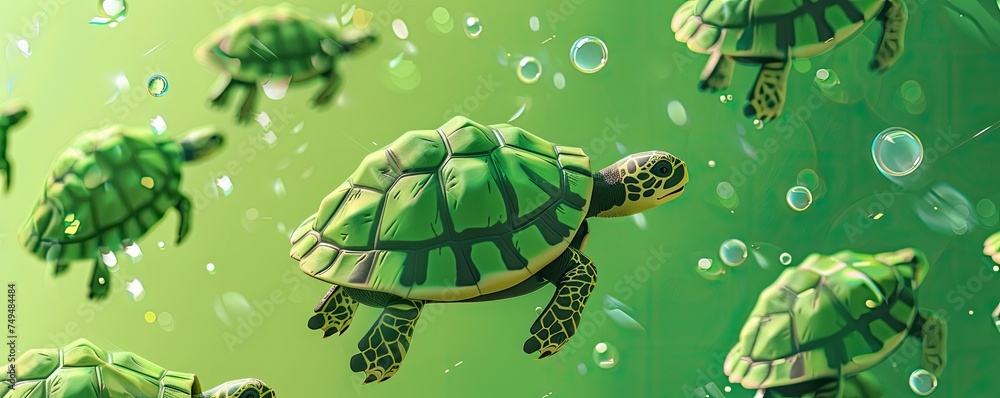 Wall mural bright green background with pattern of cartoon turtles swimming amongst bubbles, an endearing and playful image for themes related to April Fools' Day, especially for promotions or invitations  - Wall murals