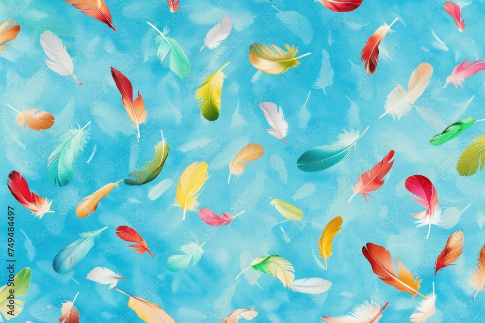 Poster A playful pattern of colorful feathers floating against a blue background, suitable for a light-hearted April Fools' Day design element or background.