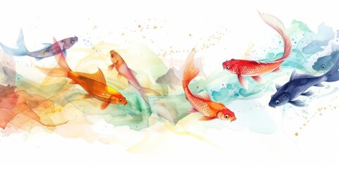 rendition of various fish swimming across the page in a watercolor style, merging with abstract, colorful shapes and splashes, ideal for use as a whimsical background or creative Fools day banner 