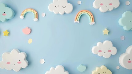 Soft cartoon clouds and miniature rainbows on a light blue background, suitable for a cheerful and whimsical April Fools' Day children's event.