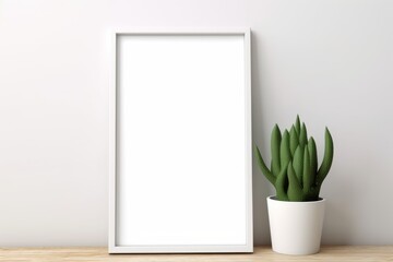 White empty vintage wooden picture frame hangs on a textured interior wall for a touch of architectural decoration with green plants close white wall. Frame mockup, 3d poster mockup
