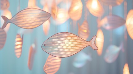 A serene display of fish-shaped pendants hanging against a soft, light blue background, creating a calming visual suitable for spa or wellness center decor or a peaceful April Fools' Day background - obrazy, fototapety, plakaty