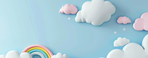 backdrop featuring cartoon clouds and rainbows with a blue sky could be used for cheerful April Fools' Day decorations or creative projects.