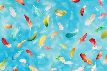 Fototapeta na wymiar A playful pattern of colorful feathers floating against a blue background, suitable for a light-hearted April Fools' Day design element or background.
