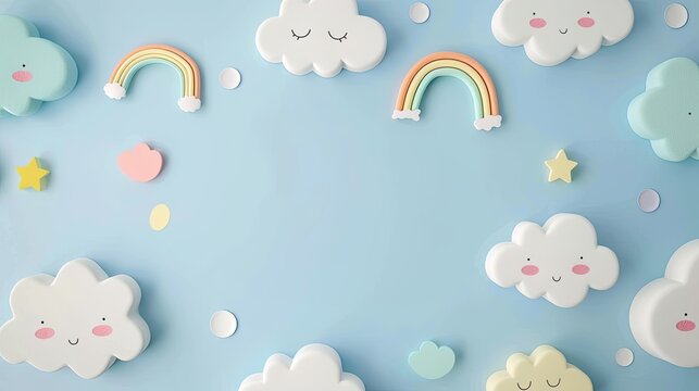 Soft cartoon clouds and miniature rainbows on a light blue background, suitable for a cheerful and whimsical April Fools' Day children's event.