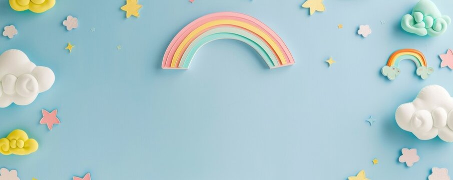 A border of hand-drawn vibrant rainbows and clouds on a light blue background, a delightful choice for April Fools' Day themed social media banners or daycare event flyers.