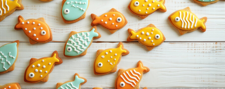 fish-shaped cookies in various colors, rustic wooden backdrop, perfect for April Fools' day 'poisson d’avril' celebrations, cooking workshops, or as a charming visual for festive food-related content