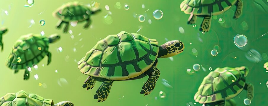 bright green background with pattern of cartoon turtles swimming amongst bubbles, an endearing and playful image for themes related to April Fools' Day, especially for promotions or invitations 