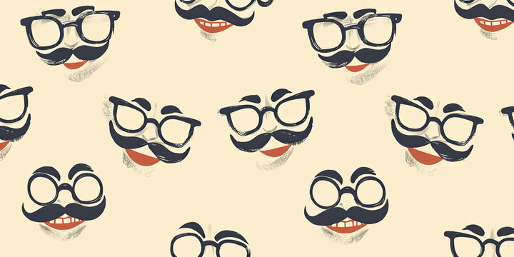 A quirky pattern featuring hand-drawn smiling faces wearing glasses and fake mustaches on a neutral background, perfect for a lighthearted April Fools' Day campaign or for accessories branding