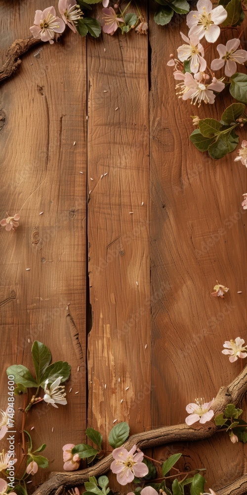 Poster a rustic wooden texture with a few scattered spring blossoms, ideal for a natural and serene april f