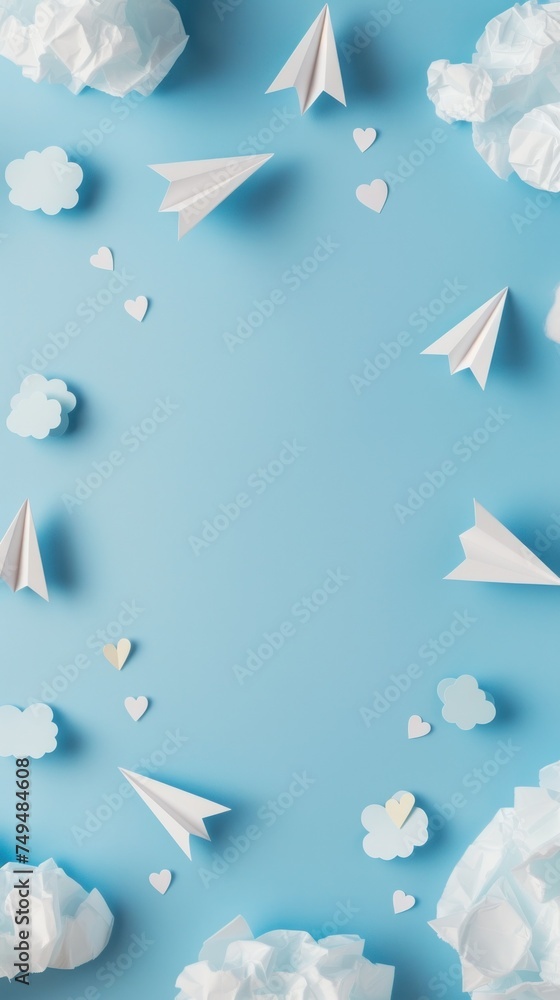 Poster a simple pastel-colored backdrop with a few scattered paper planes and clouds, a subtle and creative