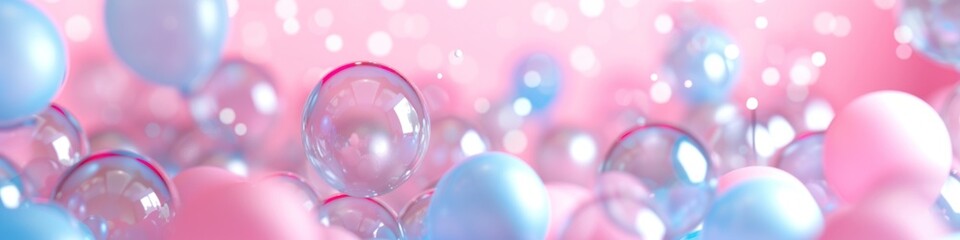 A gentle array of softly focused balloons in soothing blue and pink hues creates a dreamy atmosphere for April Fools' Day themed social media posts or celebratory graphics. - obrazy, fototapety, plakaty