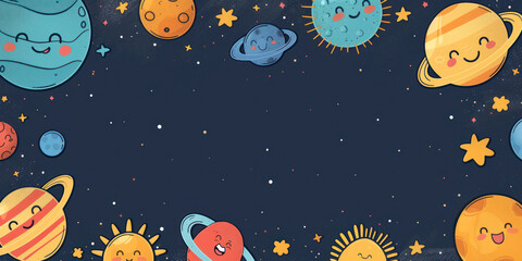 A border of hand-drawn smiling planets and stars on a deep space background, great for children's April Fools' Day party invitations or educational event posters.
