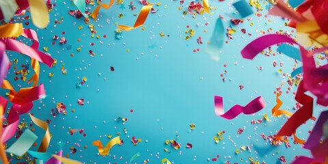 an abundance of colorful streamers and confetti bordering a clear central space on a blue background, perfect for creating eye-catching April Fools' day advertisements, vibrant event backdrops