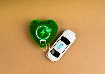 EV car, Electric energy battery charge vehicle with sustainable development concept. Top view white...