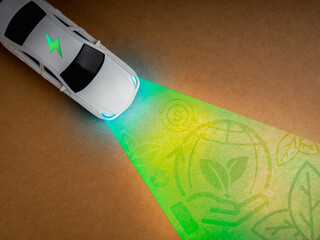 EV car, Electric energy battery charge vehicle with sustainable development concept. Top view white toy car with power icon, shining green headlight on earth care symbol on recycle paper background.