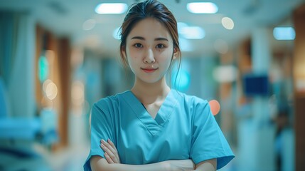 Portrait of asian woman wearing blue doctor uniform and stethoscope at hospital.