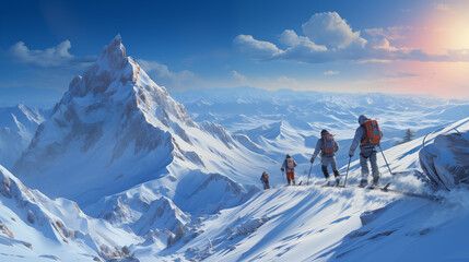 Group of mountain climbers at the snowy mountain