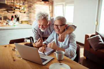 Senior couple using laptop at home