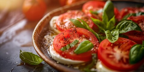 Caprese Salad with ripe tomatoes, fresh mozzarella, and fragrant basil leaves,  close-up food photography, delicious and tempting