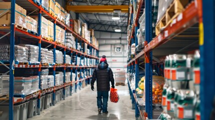 Person walking through a warehouse store aisle, browsing various bulk items stacked high on shelves, carrying a red basket.