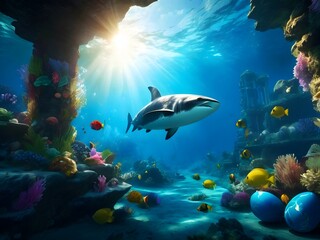 Fototapeta premium Happy Easter is celebrated in underwater with the vibrant festivities beneath the surface