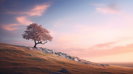 alone tree on a hill under a pastel sky.