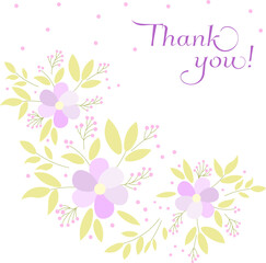 Thank you with flowers card lettering. Pink flowers with leaves. Spring flowers.