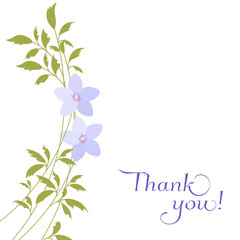 Thank you with flowers card lettering. Branch with blue flowers. Spring flowers.