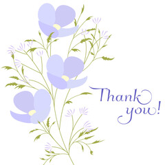 Thank you with flowers card lettering. Blue wildflowers. Spring flowers.
