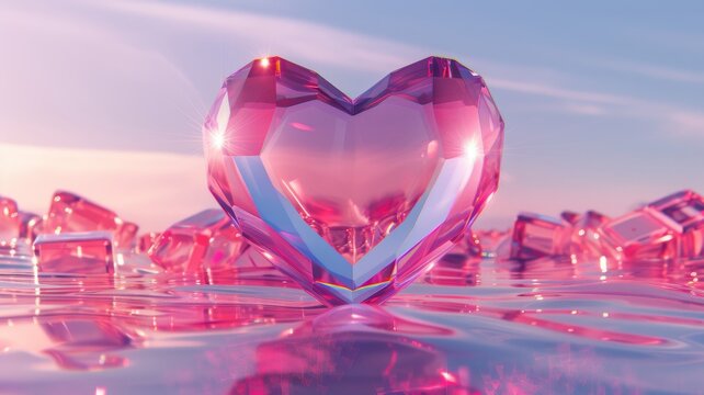 A pink shaped heart of glass, A pink faceted heartshaped gemstone, a transparent crystal heart with reflections of the sun, in water and with pink glass cubes in the background