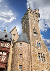 Fototapeta na wymiar Architecture, building and history of Germany, temple or arcade in outdoor environment. Traditional castle, museum and artistic walls in landscape clouds, blue sky and rocks or marble for design