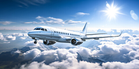 A white private beautiful plane flies in the sky above white clouds on a clear sunny day. A...