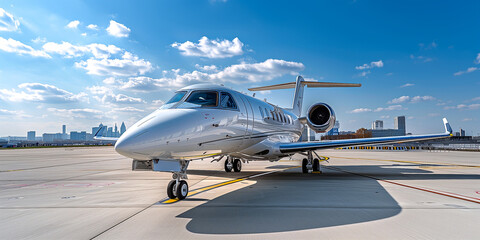 A white luxury private jet sits at the airport after landing with a modern city in the background. A beautiful frontal shot of an airplane on a bright sunny day. Airplane for VIPs. Luxury life concept