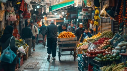A busy market scene with vendors selling fresh fruits and vegetables as shoppers walk through the narrow passageways, exploring the vibrant stalls. - obrazy, fototapety, plakaty