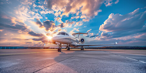 A white private jet stands at the airport after landing. Beautiful frontal shot of an airplane...