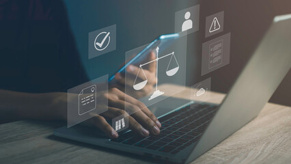 Compliance rules and law regulation policy concept. Labtop screen show virtual law and data policy...