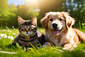 Cute dog and cat lying together on a green grass field nature in a spring sunny background