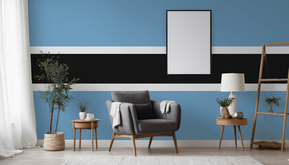 Fototapeta premium Medicine and healthcare concept Botswana flag on the wall in the interior of the room. Concept of buying and selling real estate, mortgages in the Botswana