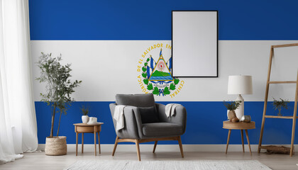 Medicine and healthcare concept El Salvador flag on the wall in the interior of the room. Concept of buying and selling real estate, mortgages in the El Salvador