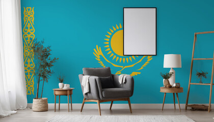 Medicine and healthcare concept Kazakhstan flag on the wall in the interior of the room. Concept of buying and selling real estate, mortgages in the Kazakhstan